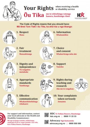 Your Rights poster showing the Code of Rights in English, te reo Māori and New Zealand Sign Language
