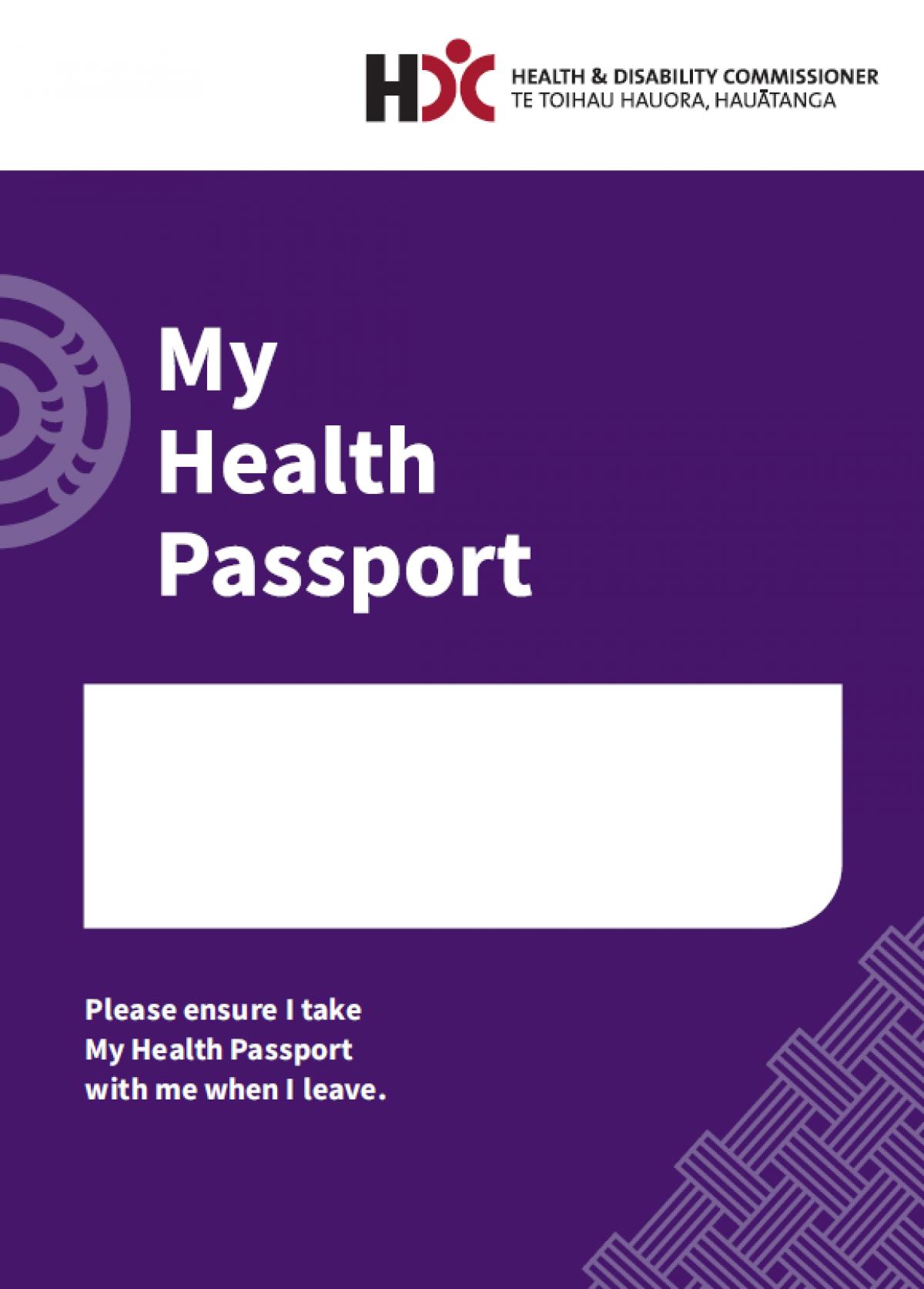 Front cover of the My Health Passport booklet, purple with the My Health Passport logo